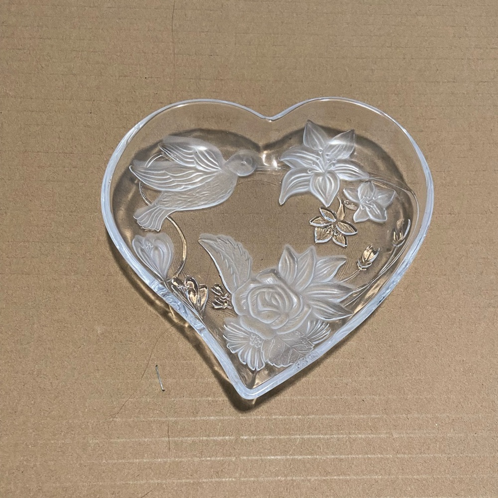 Heart-Shaped Glass Dish with Floral and Bird Design